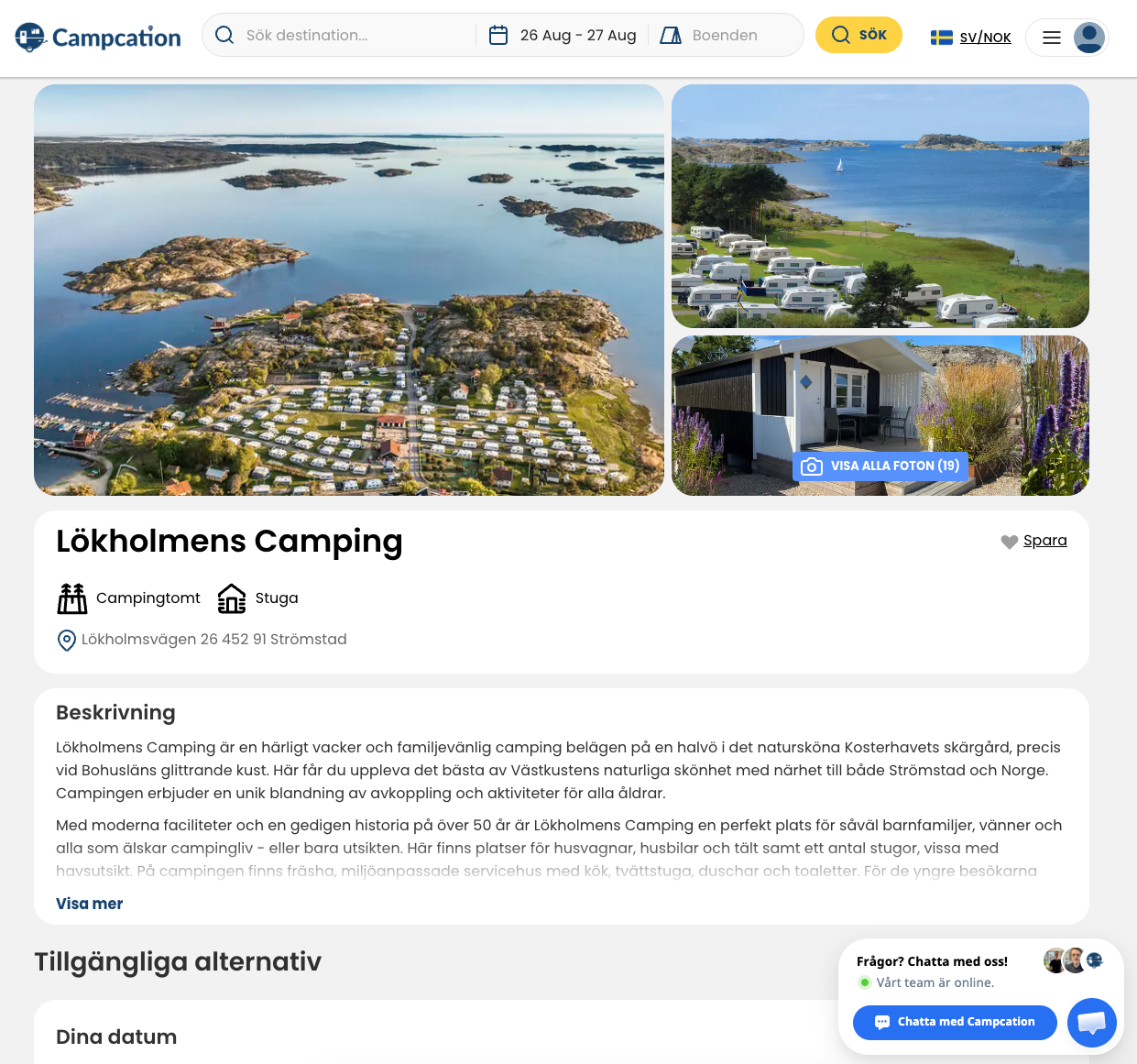 Página del establecimiento en campcation.com con galería de fotos, descripción y tipos de alojamiento reservables