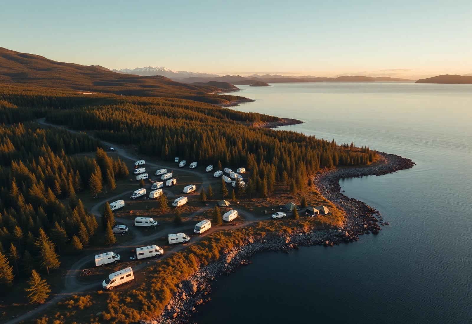 Foto aérea de un camping junto a un fiordo